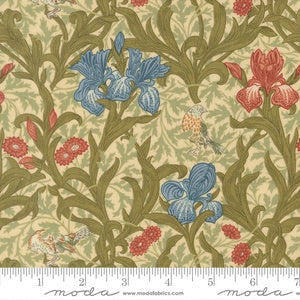 Morris Muse Iris Florals Birds M13380 11 Parchment - By Barbara Brackman